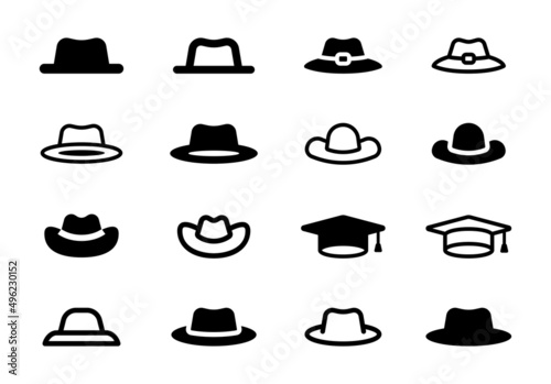 Hat icon collection. Cowboy hat icon. Graduation cap symbol. Fashion concept in black and white design.
