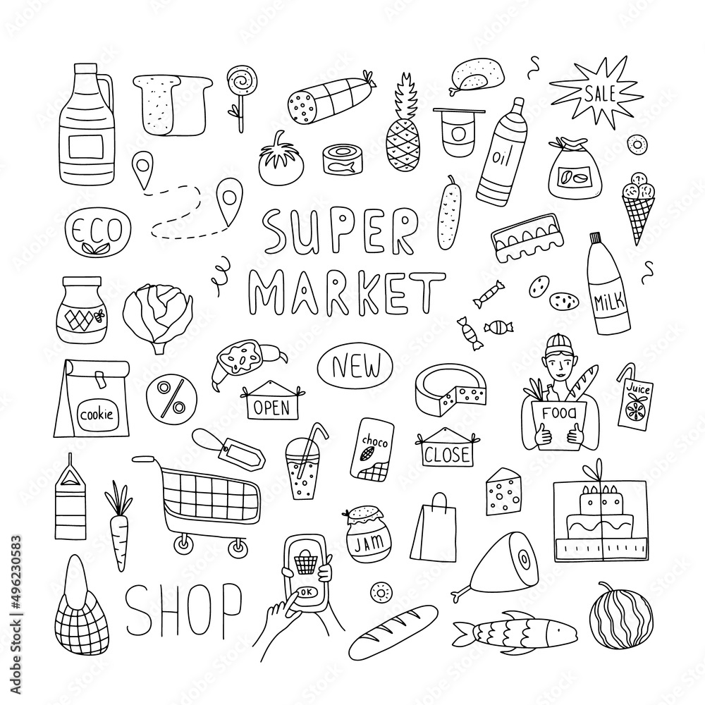 Naklejka premium Hand drawn set of healthy food ingredient doodles with lettering in vector