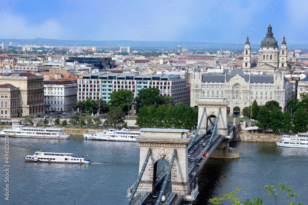 Fototapeta premium Budapest, Chain Bridge and Basilica viewe from across the Danube River