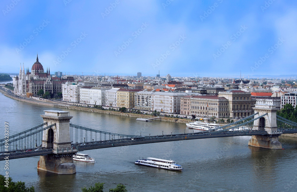 Budapest skyline along the Danube with Chain Bridge and Parliament building