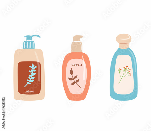 Skin care products illustration, body lotion, face toner and cream, liquid soap. Flat cosmetic objects in tube isolated on white background