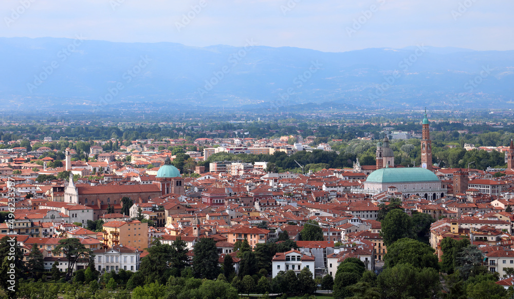 Panorama of the city of Vicenza in the Veneto Region in Northern Italy and large monument called Basilica Palladiana