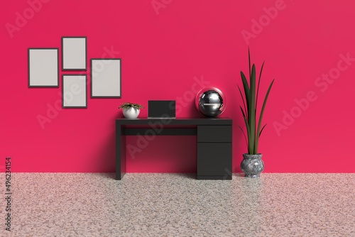 Title: Home office desk with magenta wall and black table with laptop and disco ball