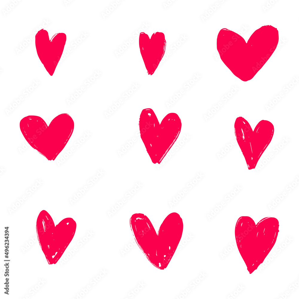 Hand drawn hearts. Design elements for Valentine's day. Hand drawn rough marker hearts isolated on white background. Set of unique hand drawn hearts. Painted design elements. Hand drawn hearts. Design elements for Valentine's day. Hand drawn rough marker hearts isolated on white background. Set of unique hand drawn hearts. Painted design elements.