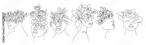 Woman Head with Flowers Line Art Set for Prins, Social Media, Icons. Female Faces Trendy Templates Minimalist Style. Set of Floral Line Art Illustrations. Vector Hand Drawn Doodle Template Collection
