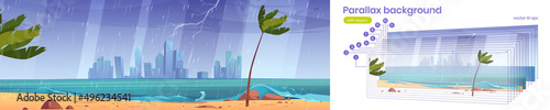 Tropical landscape with sea and city on horizon in rain. Vector parallax background for 2d animation with cartoon illustration of sand beach with palm trees, town and thunderstorm with lightning