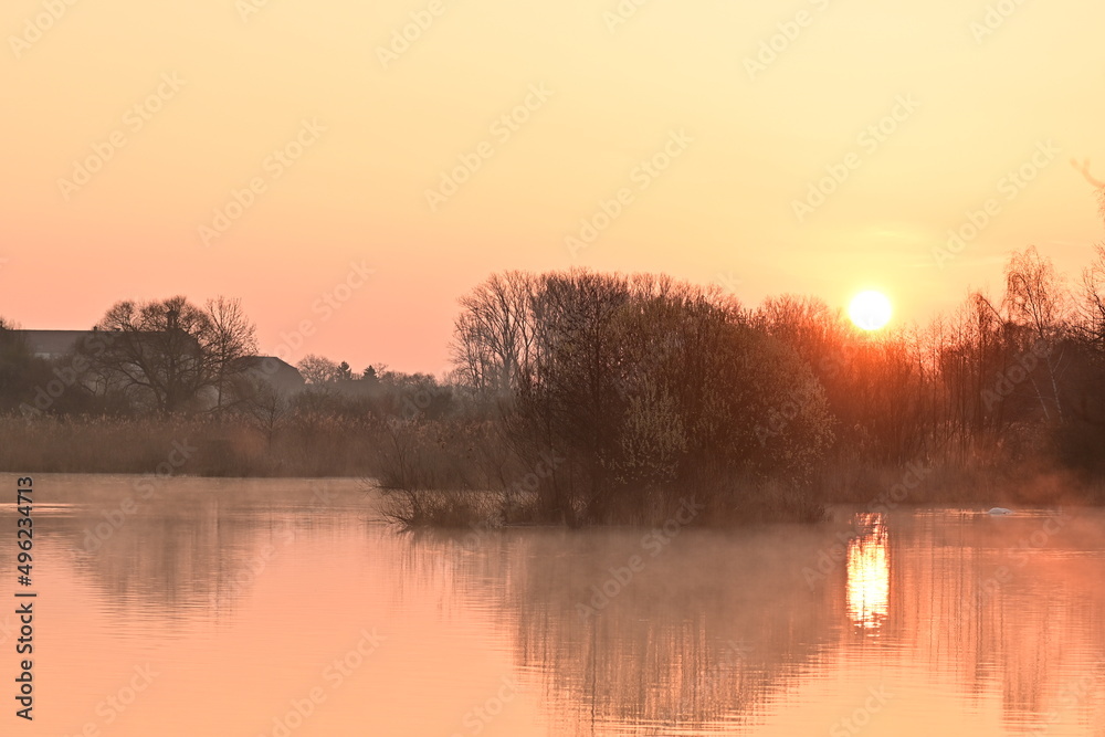 Nebliger Sonnenaufgang im Vogelschutzgebiet NSG Garstadt bei Heidenfeld, Schweinfurt, Franken, Bayern, Deutschland