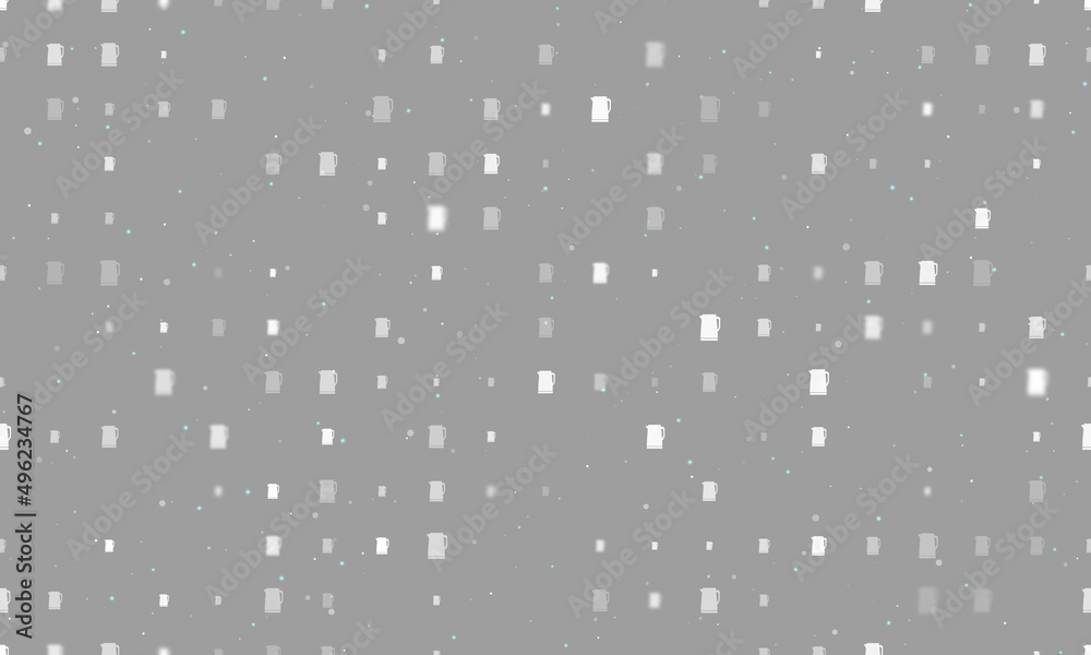 Seamless background pattern of evenly spaced white kettle symbols of different sizes and opacity. Vector illustration on gray background with stars