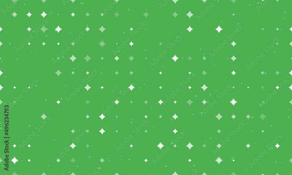 Seamless background pattern of evenly spaced white star symbols of different sizes and opacity. Vector illustration on green background with stars