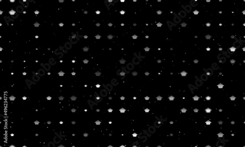 Seamless background pattern of evenly spaced white pot symbols of different sizes and opacity. Vector illustration on black background with stars