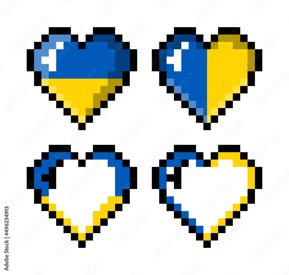 Fototapeta premium Pixel blue yellow ukraine love icon design template. Romance valentine art symbol. Peace sign hearth illustration.