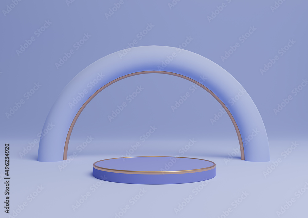 Light, pastel blue 3D rendering simple product display cylinder podium or stand with golden lines minimal composition with an arch geometric and luxurious shine