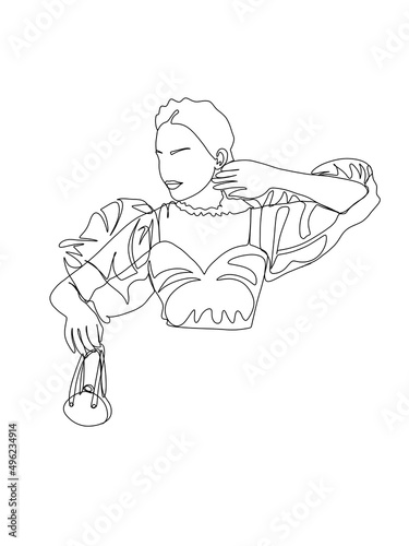 Women posing in elegant dress is drawn in one line art style. Body expression. Printable art.