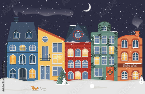 Old European houses, bakery, urban winter landscape. The moon is shining, it is snowing, sleds, Christmas trees, snowmen, snowballs. Smoke comes out of the chimney.