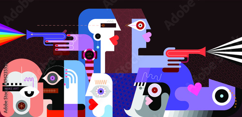 Two urban artists spraying colorful paints from toy guns. A large group of people watch two young artists paint graffiti art on a wall.