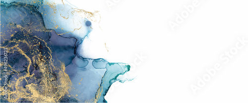 Alcohol ink texture. Abstract hand painted blue and gold background.