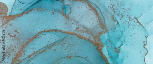 Alcohol ink texture. Abstract hand painted blue and gold background.