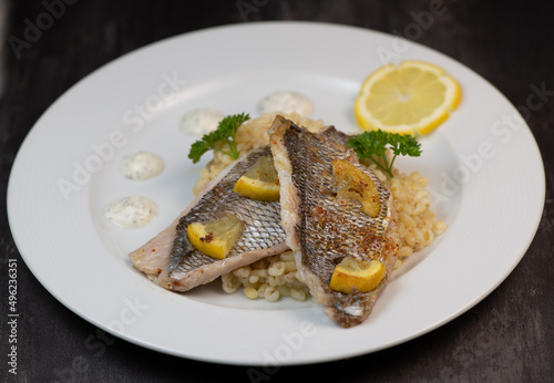 Lemon-spiked sea bream fillet, cooked wheat risotto