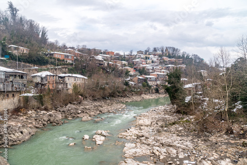 Rioni river and buildings in Kutaisi, Georgia.