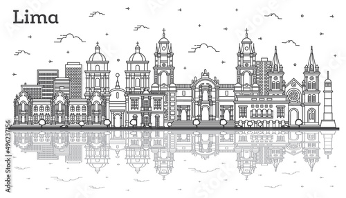 Outline Lima Peru City Skyline with Modern and Historic Buildings and Reflections Isolated on White.