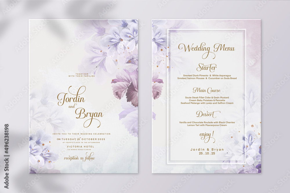 Floral Wedding Invitation and Wedding Menu with Purple Flower