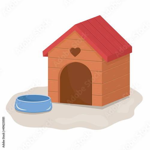 Doghouse and Bowl for dry food and water for dogs and cats Vector isolated illustration