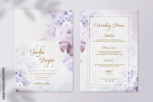 Floral Wedding Invitation and Wedding Menu with Purple Flower