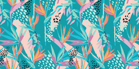 Keuken achterwand Turquoise Exotisch patroon met tropische bladeren  © Nadia Grapes