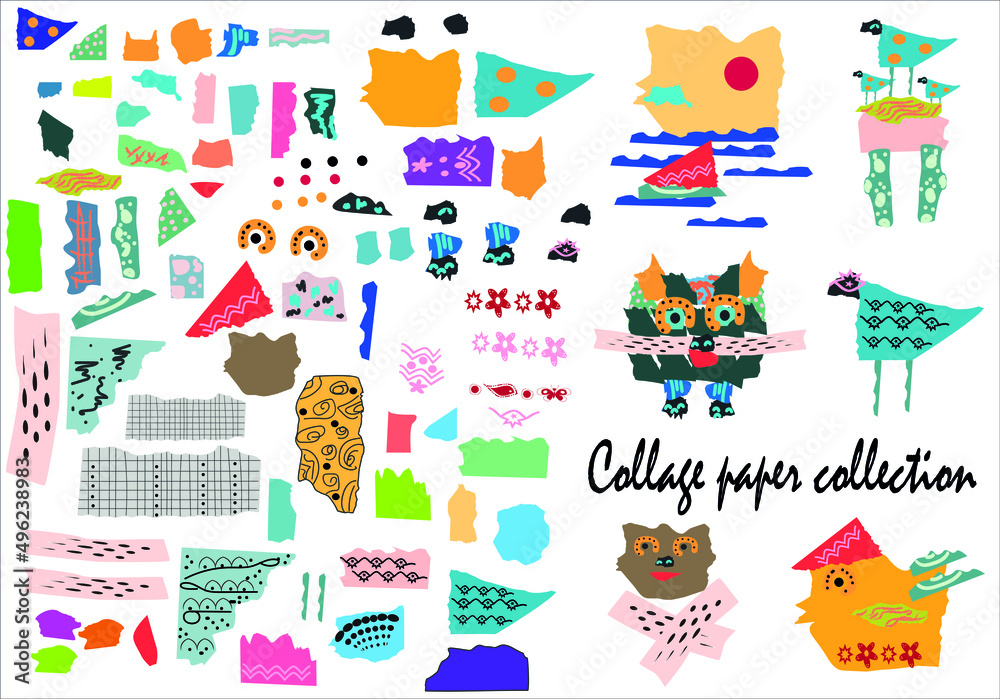 Collection of collage paper. A set of pieces of paper, different shapes. Cheerful collage. Hand drawn modern design. Various shapes and hand-drawn textures. Digital vector illustration