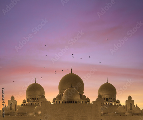 After sunset mosque. landscape with beautiful mosques and minarets. Place your text here. Ramadan kareem. High quality photo