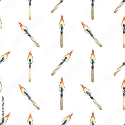 Watercolor illustration pattern burning match. Get the flame. Light the fire. Burnt wooden stick. Hand drawn doodles. Isolated on white background. Drawn by hand.