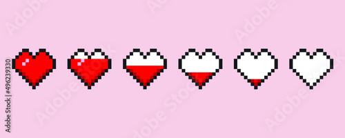 Set of 8-bit pixel graphics icons. Game art. Hearts for animation