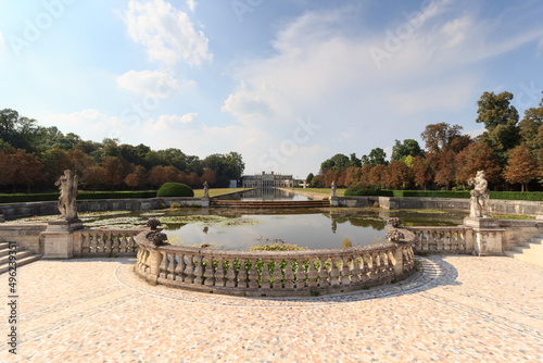 Garden with reflecting pond and stable building of Villa Pisani in Riviera del Brenta, Italy
