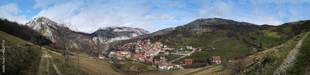 panoramic photography of Sotres, famous tourist town in the Picos de Europa, Asturias, Spain,