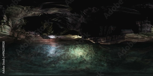 underground lake, cave, grotto, HDRI, environment map , Round panorama, spherical panorama, equidistant projection, 360 high resolution panorama, 3d rendering, 