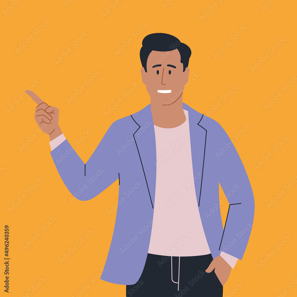 People. Man pointing gesture, emotion. Presentation. Vector image. People. Man pointing gesture, emotion. Presentation. Vector image.