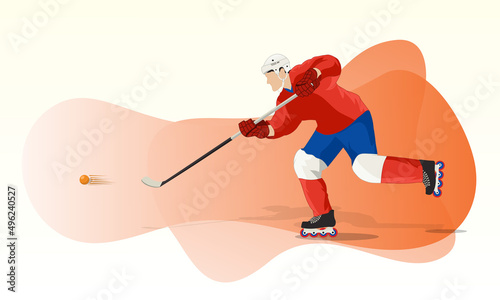 An athlete in a red and blue uniform, helmet, protective gloves and roller skates hits the ball with a stick. Abstract orange background.