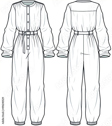 Women jogger jumpsuit with Belt, Cargo Jumpsuit, Boiler Jumpsuits, Racer Jumpsuit, Front and Back View. fashion illustration vector, CAD, technical drawing, flat drawing.