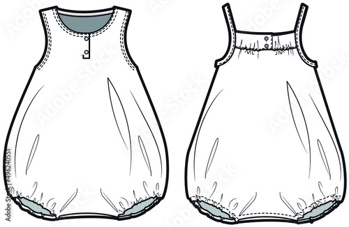 Infant Sleeveless Romper  Infant Strap Romper Front and Back View. fashion illustration vector  CAD  technical drawing  flat drawing.