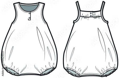 Infant Sleeveless Romper, Infant Strap Romper Front and Back View. fashion illustration vector, CAD, technical drawing, flat drawing.