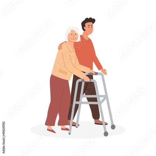 Male nurse or volunteer helps elderly patient with orthopedic walker. Caregiver and old age woman walking outdoors. Physical activity, physiotherapy, therapy rehabilitation. Vector flat illustration.
