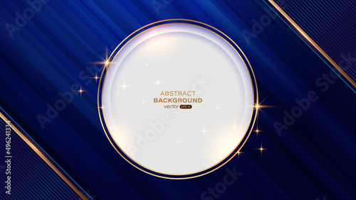 Gold line abstract background with golden circle frame and light shiny, oblique blue gradient shape. Vector illustration