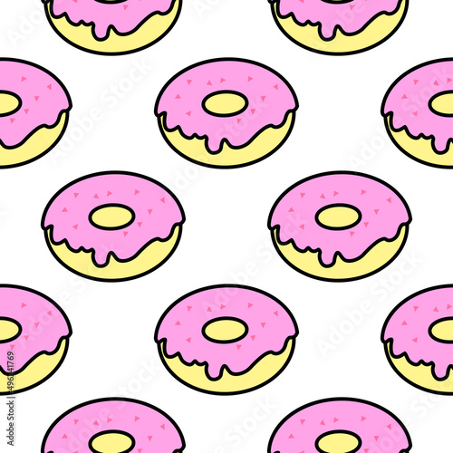 A pattern of bright donuts on a white background in pop art style for print and design. Vector illustration.