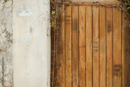 Wooden door and cement wall