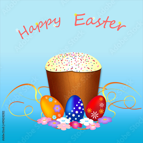 Vector illustration with Easter cake and painted eggs. Greeting card for the Easter holiday