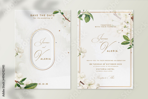 Floral Wedding Invitation and Save the Date with White Flower
