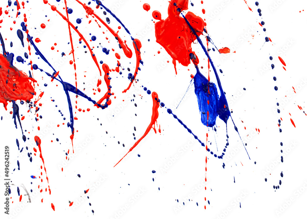 Obraz premium Drops of red and blue paint on a white background.