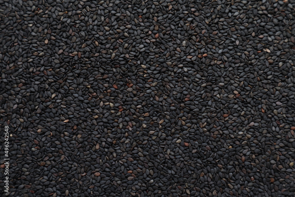 Background image of black sesame seeds laying on a table to inspect bite marks caused by pests destroying seeds being prepared for planting. Organic black sesame seeds destroyed by insect pests
