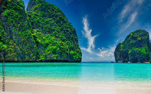 KRABI, THAILAND -Maya Bay  Beach on Phi Phi Ley Island Clean white sand beaches and emerald green sea. © Pongvit
