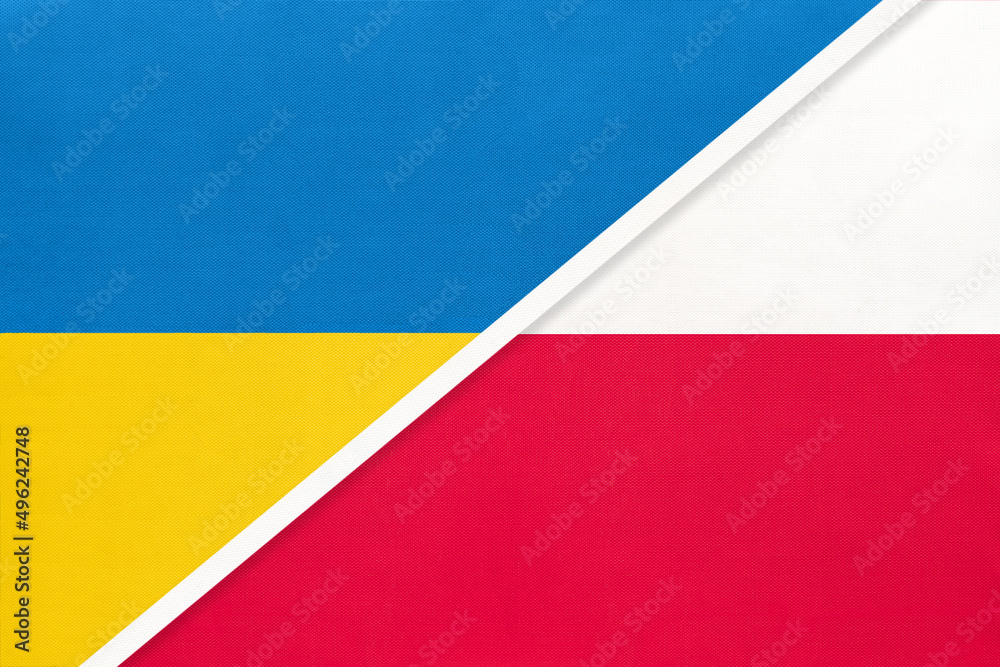 Ukraine and Poland, symbol of country. Ukrainian vs Polish national flags. Ukraine and Poland, symbol of country. Ukrainian vs Polish national flags.